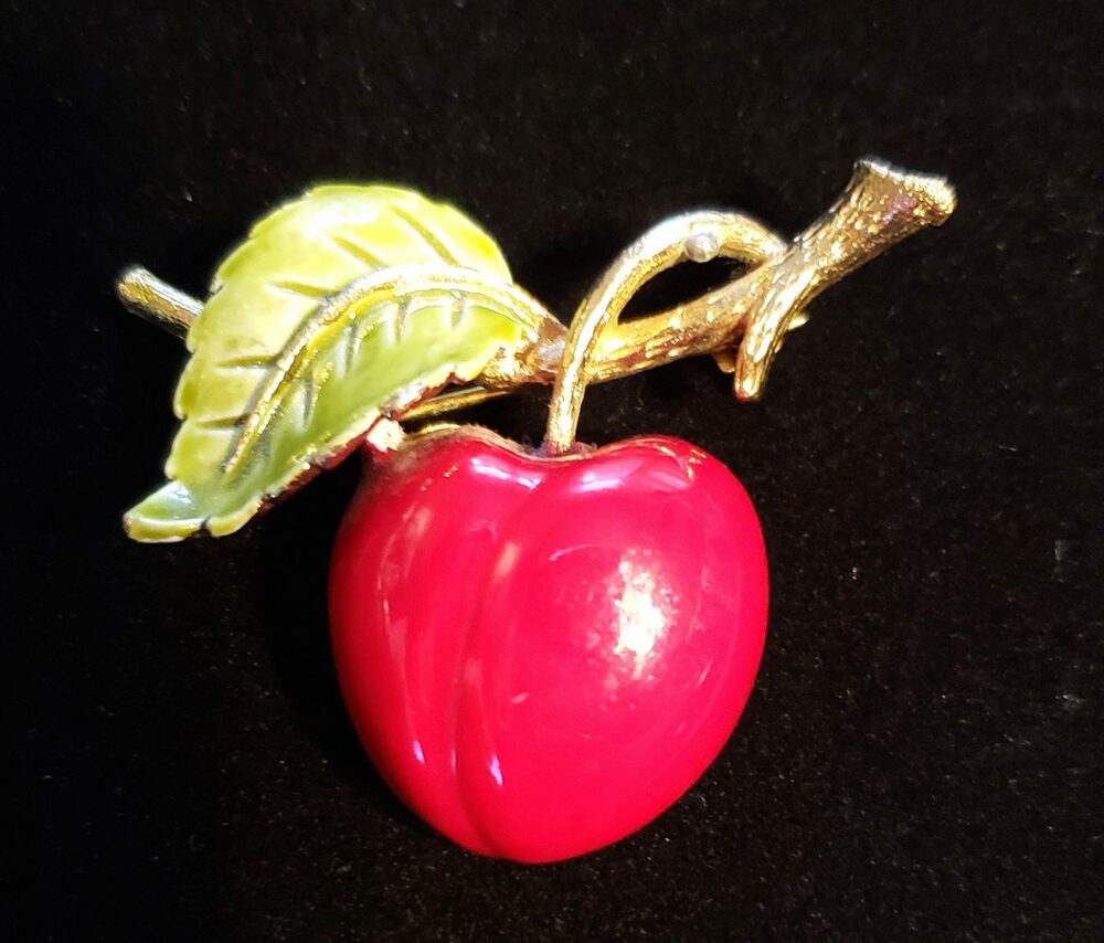 Vintage Enamel Apple Brooch Pin- Red & Green Large - 1.75"- Figural fb1-24